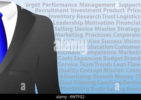 Concept of men`s  suit with shirt and tie standing in the foreground. Gray signs describing business and management concepts are on a blue gradient ba Stock Vector